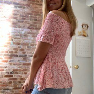 Shoulder-less Red and White Blouse.